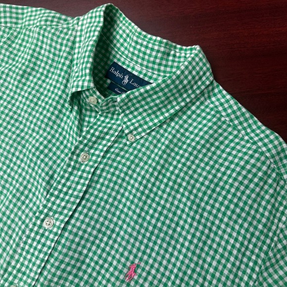 Ralph Lauren Linen Button Down Shirt Mens XXL Green Gingham Check Classic Fit SS - Picture 4 of 8